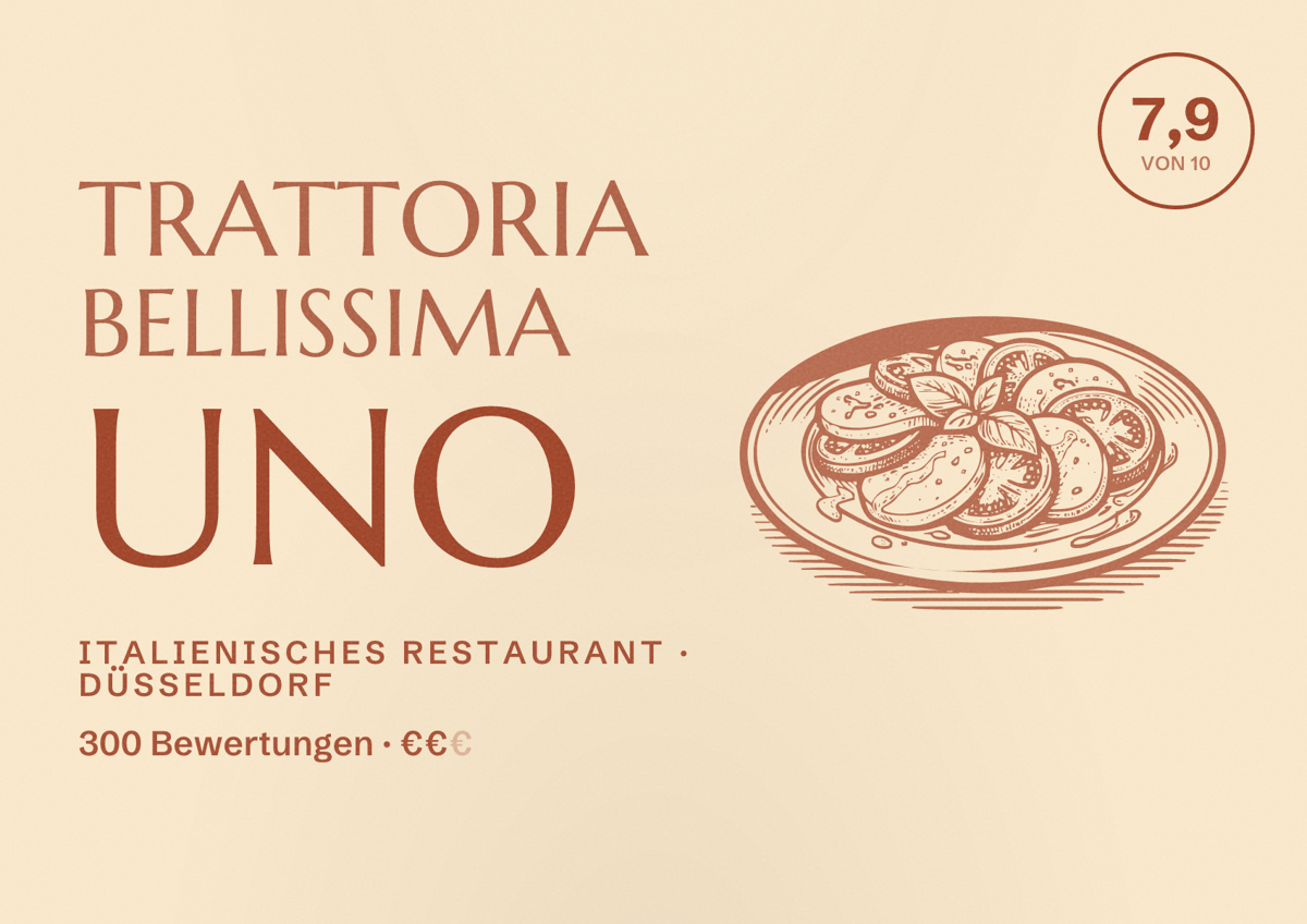 Illustriertes Poster von Trattoria BELLISSIMA UNO, Italienisches Restaurant in Düsseldorf: Bewertung 7,9 von 10 aus 300 Bewertungen, Preisniveau €€