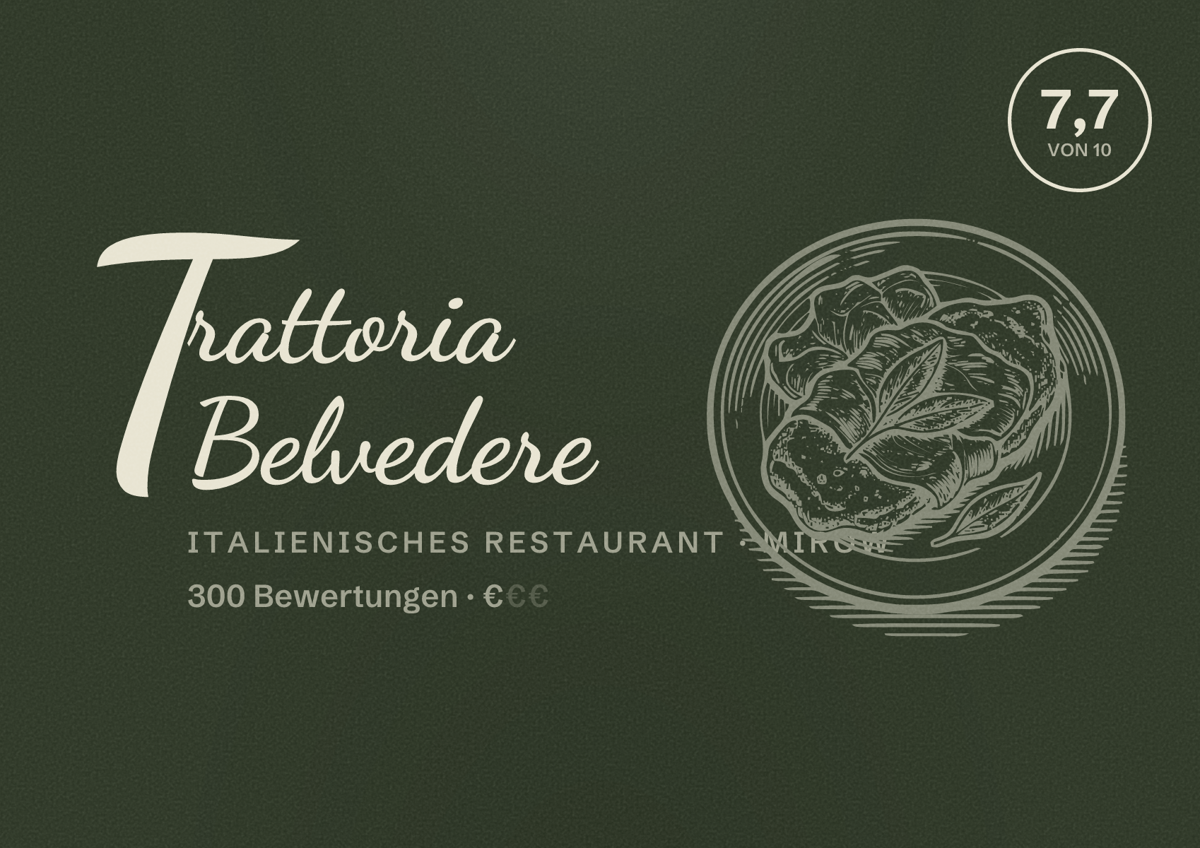 Illustriertes Poster von Trattoria Belvedere, Italienisches Restaurant in Mirow: Bewertung 7,7 von 10 aus 300 Bewertungen, Preisniveau €