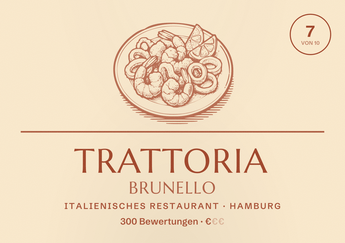 Illustriertes Poster von Trattoria Brunello, Italienisches Restaurant in Hamburg: Bewertung 7,0 von 10 aus 300 Bewertungen, Preisniveau €