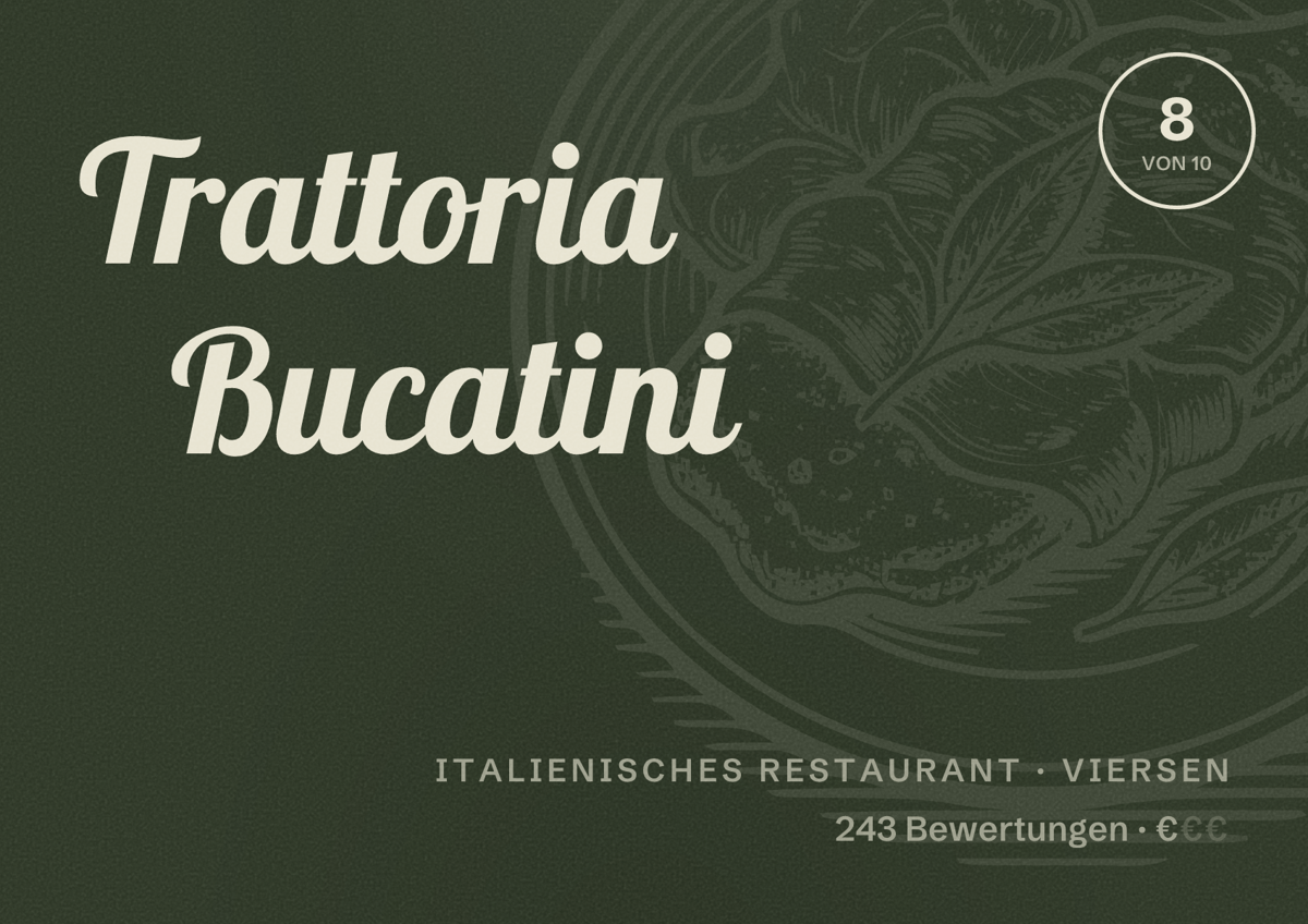 Illustriertes Poster von Trattoria Bucatini, Italienisches Restaurant in Viersen: Bewertung 8 von 10 aus 243 Bewertungen, Preisniveau €