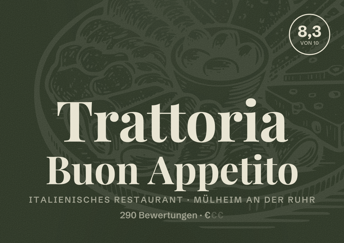 Illustriertes Poster von Trattoria Buon Appetito, Italienisches Restaurant in Mülheim an der Ruhr: Bewertung 8,3 von 10 aus 290 Bewertungen, Preisniveau €