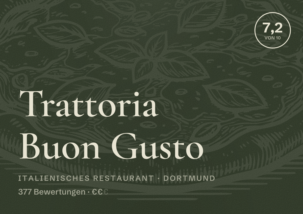 Illustriertes Poster von Trattoria Buon Gusto, Italienisches Restaurant in Dortmund: Bewertung 7,2 von 10 aus 377 Bewertungen, Preisniveau €€