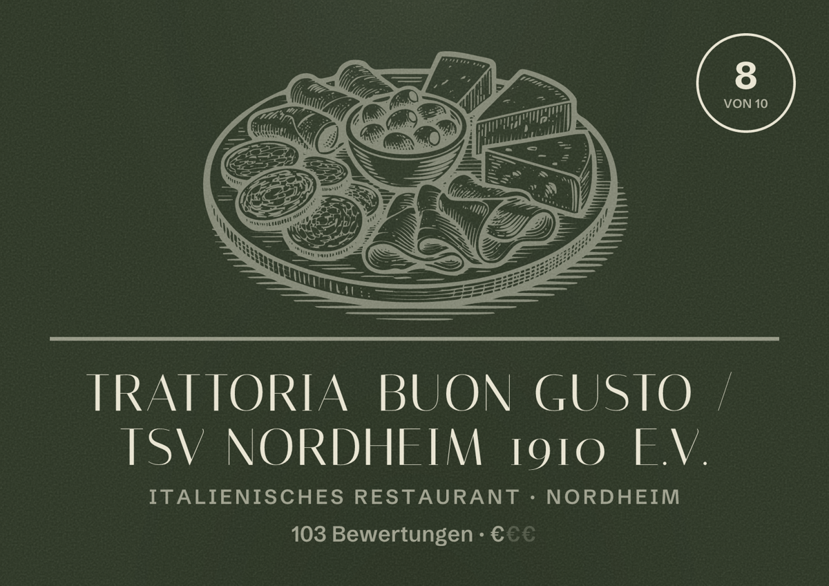 Illustriertes Poster von Trattoria Buon Gusto / TSV Nordheim 1910 e.V., Italienisches Restaurant in Nordheim: Bewertung 8 von 10 aus 103 Bewertungen, Preisniveau €