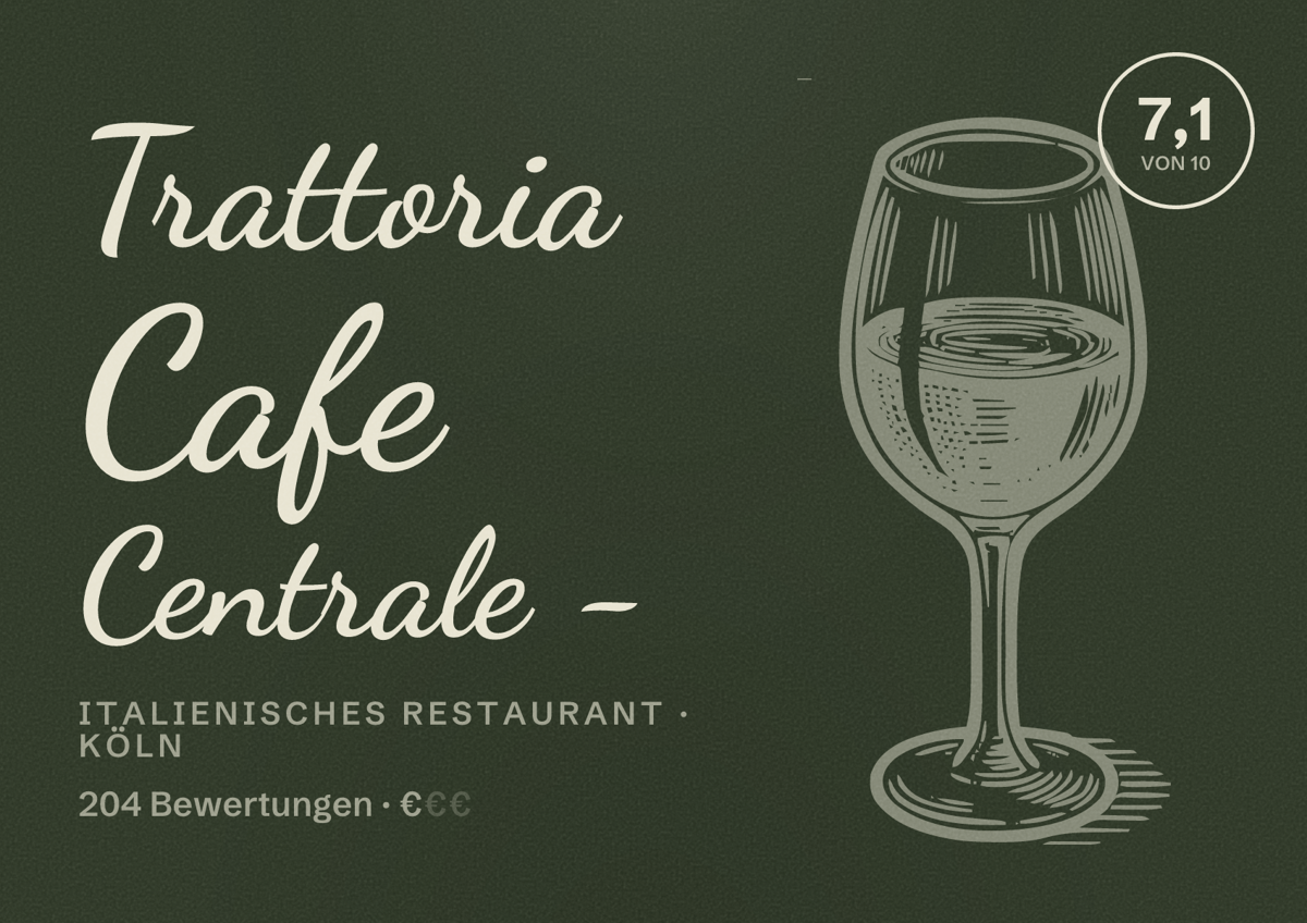 Illustriertes Poster von Trattoria Cafe Centrale -, Italienisches Restaurant in Köln: Bewertung 7,1 von 10 aus 204 Bewertungen, Preisniveau €