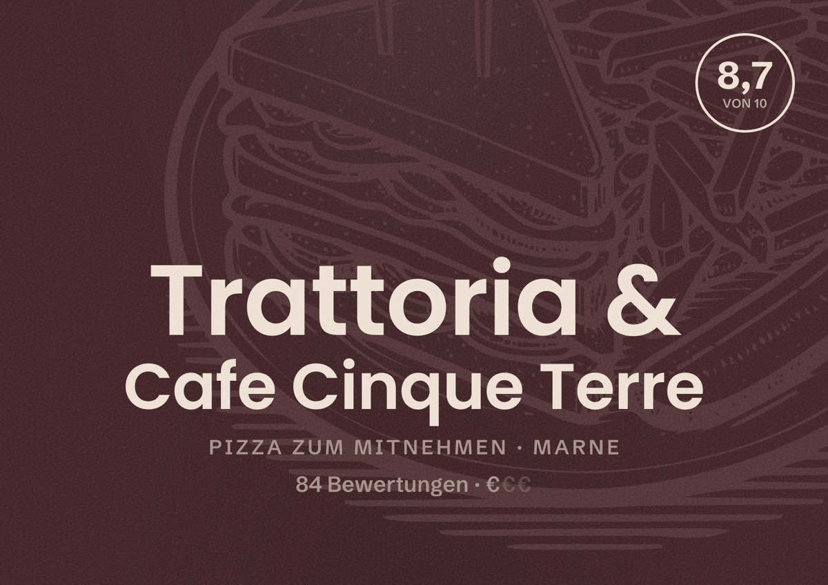 Illustriertes Poster von Trattoria & Cafe Cinque Terre, Pizza zum Mitnehmen in Marne: Bewertung 8,7 von 10 aus 84 Bewertungen, Preisniveau €