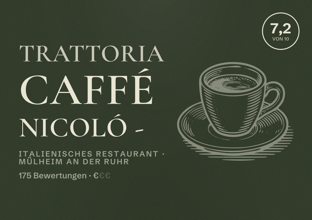 Illustriertes Poster von Trattoria Caffé Nicoló -, Italienisches Restaurant in Mülheim an der Ruhr: Bewertung 7,2 von 10 aus 175 Bewertungen, Preisniveau €