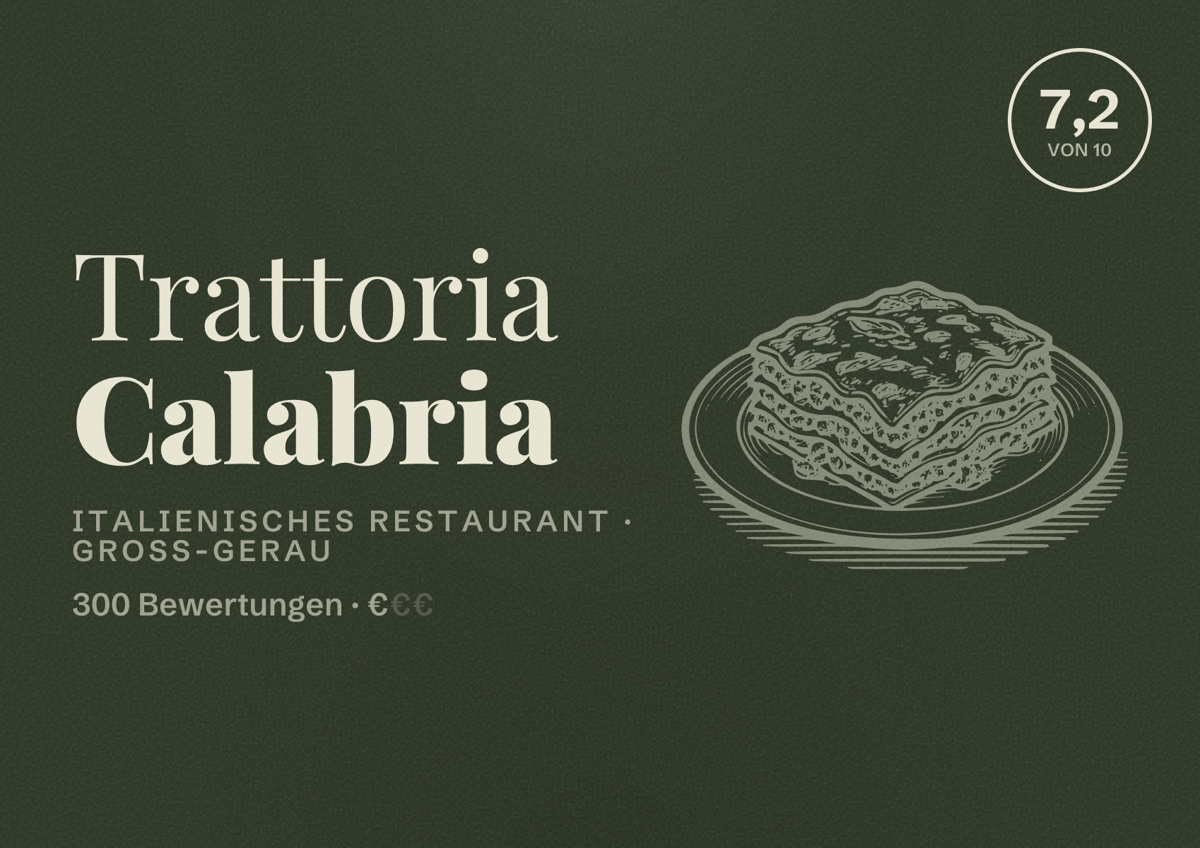 Illustriertes Poster von Trattoria Calabria, Italienisches Restaurant in Groß-Gerau: Bewertung 7,2 von 10 aus 300 Bewertungen, Preisniveau €