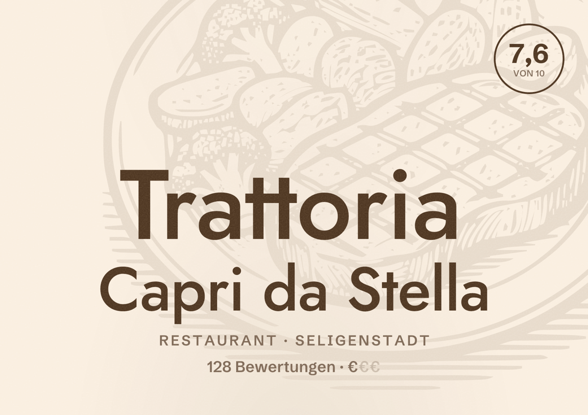 Illustriertes Poster von Trattoria Capri da Stella, Restaurant in Seligenstadt: Bewertung 7,6 von 10 aus 128 Bewertungen, Preisniveau €