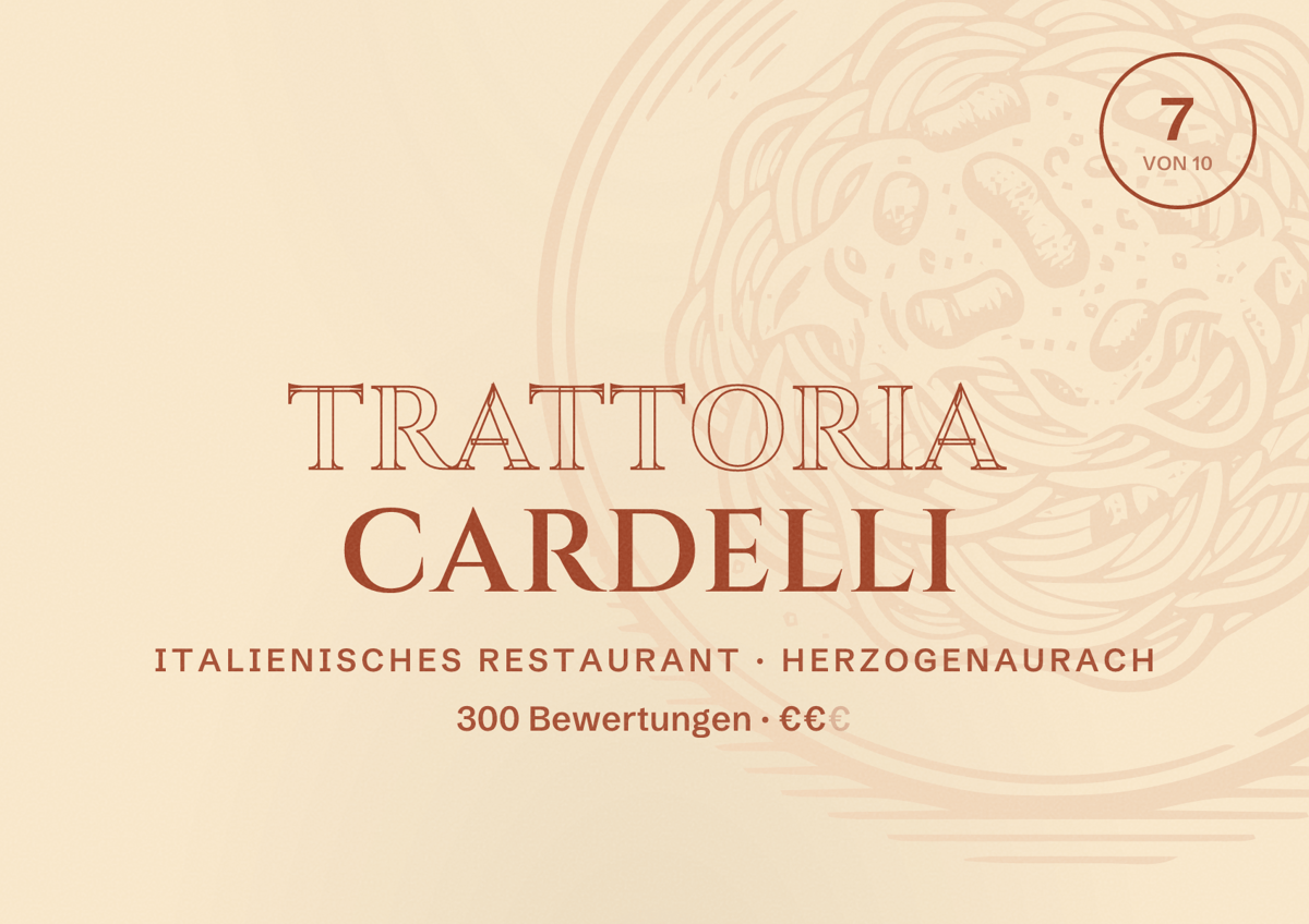 Illustriertes Poster von Trattoria Cardelli, Italienisches Restaurant in Herzogenaurach: Bewertung 7 von 10 aus 300 Bewertungen, Preisniveau €€