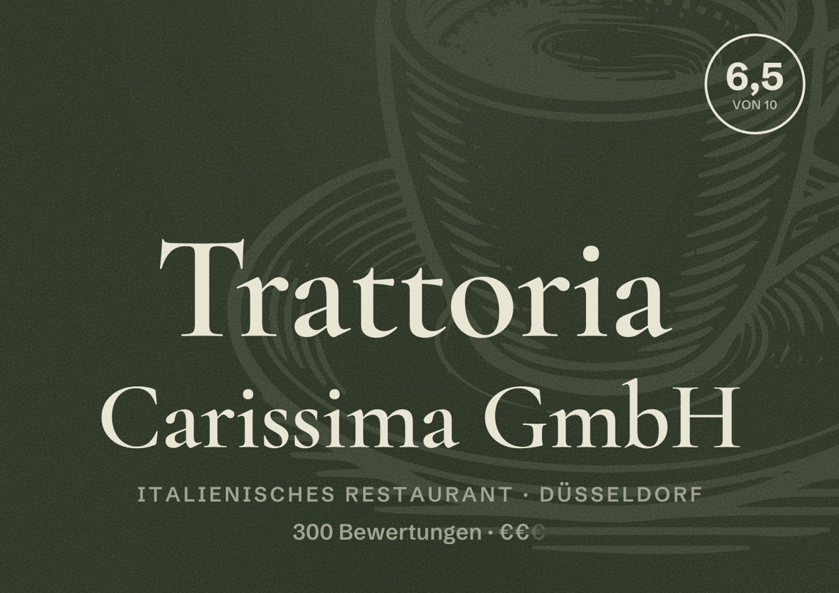 Illustriertes Poster von Trattoria Carissima GmbH, Italienisches Restaurant in Düsseldorf: Bewertung 6,5 von 10 aus 300 Bewertungen, Preisniveau €€