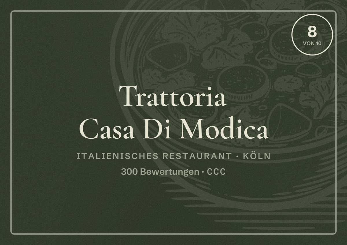Illustriertes Poster von Trattoria Casa Di Modica, Italienisches Restaurant in Köln: Bewertung 8 von 10 aus 300 Bewertungen, Preisniveau €€€