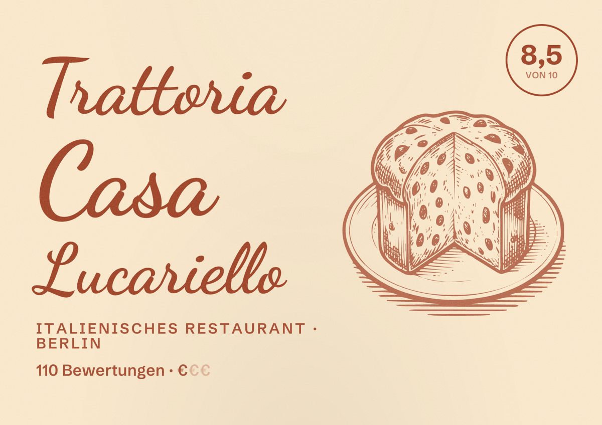 Illustriertes Poster von Trattoria Casa Lucariello, Italienisches Restaurant in Berlin: Bewertung 8,5 von 10 aus 110 Bewertungen, Preisniveau €