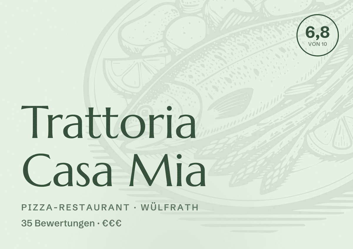 Illustriertes Poster von Trattoria Casa Mia, Pizza-Restaurant in Wülfrath: Bewertung 6,8 von 10 aus 35 Bewertungen, Preisniveau €€€