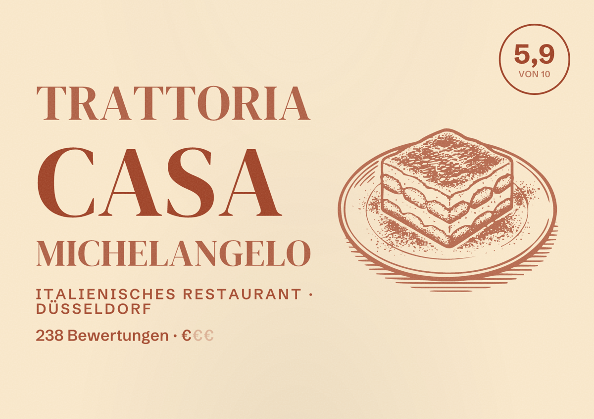 Illustriertes Poster von Trattoria Casa Michelangelo, Italienisches Restaurant in Düsseldorf: Bewertung 5,9 von 10 aus 238 Bewertungen, Preisniveau €