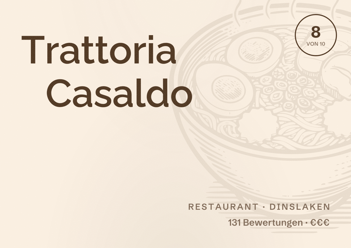 Illustriertes Poster von Trattoria Casaldo, Restaurant in Dinslaken: Bewertung 8 von 10 aus 131 Bewertungen, Preisniveau €€€