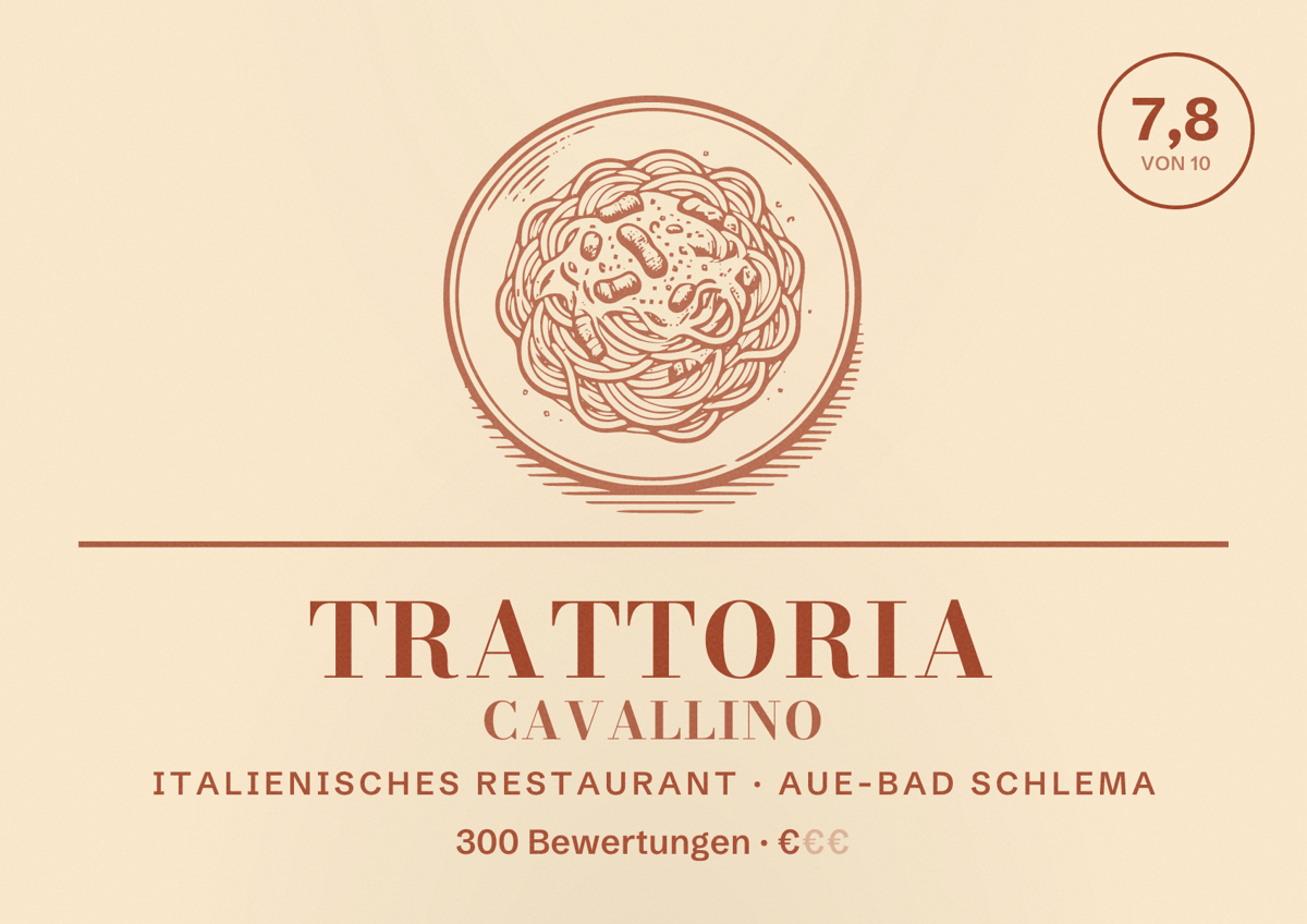 Illustriertes Poster von Trattoria Cavallino, Italienisches Restaurant in Aue-Bad Schlema: Bewertung 7,8 von 10 aus 300 Bewertungen, Preisniveau €