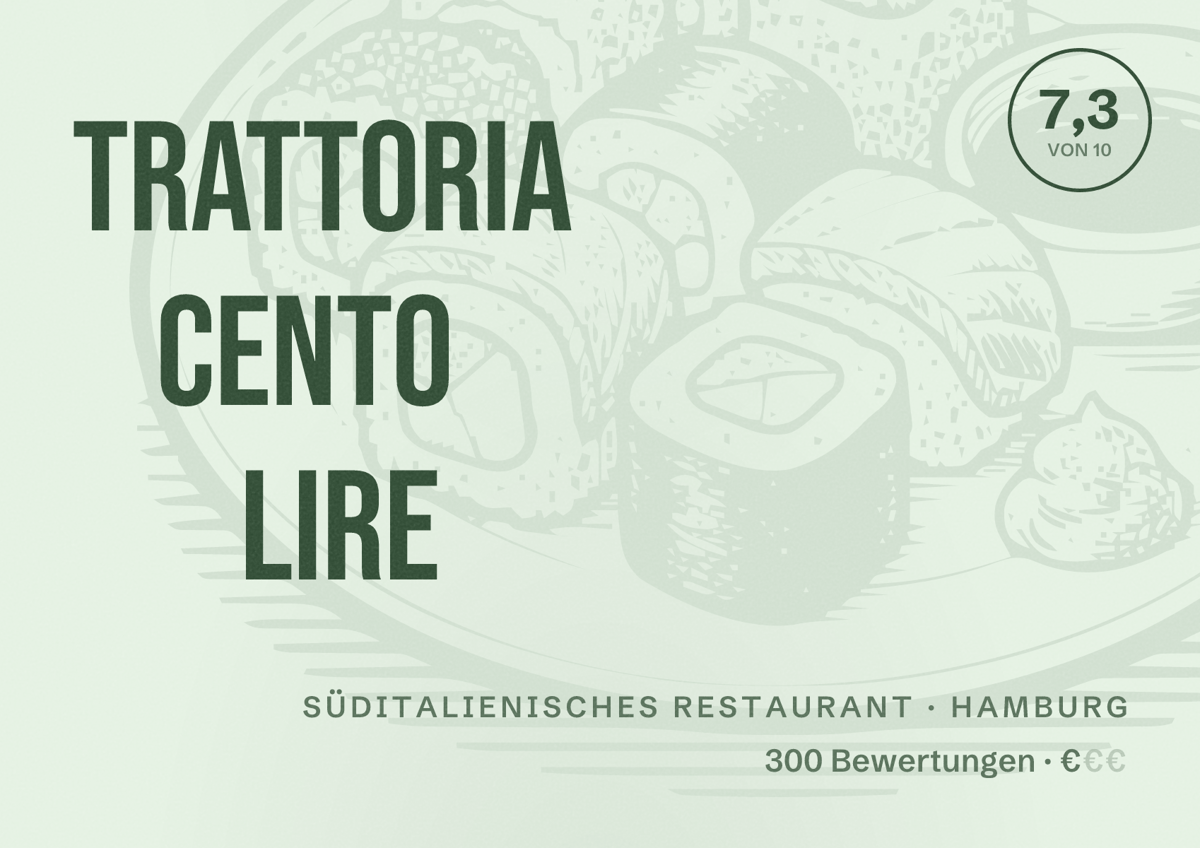 Illustriertes Poster von Trattoria Cento Lire, Süditalienisches Restaurant in Hamburg: Bewertung 7,3 von 10 aus 300 Bewertungen, Preisniveau €