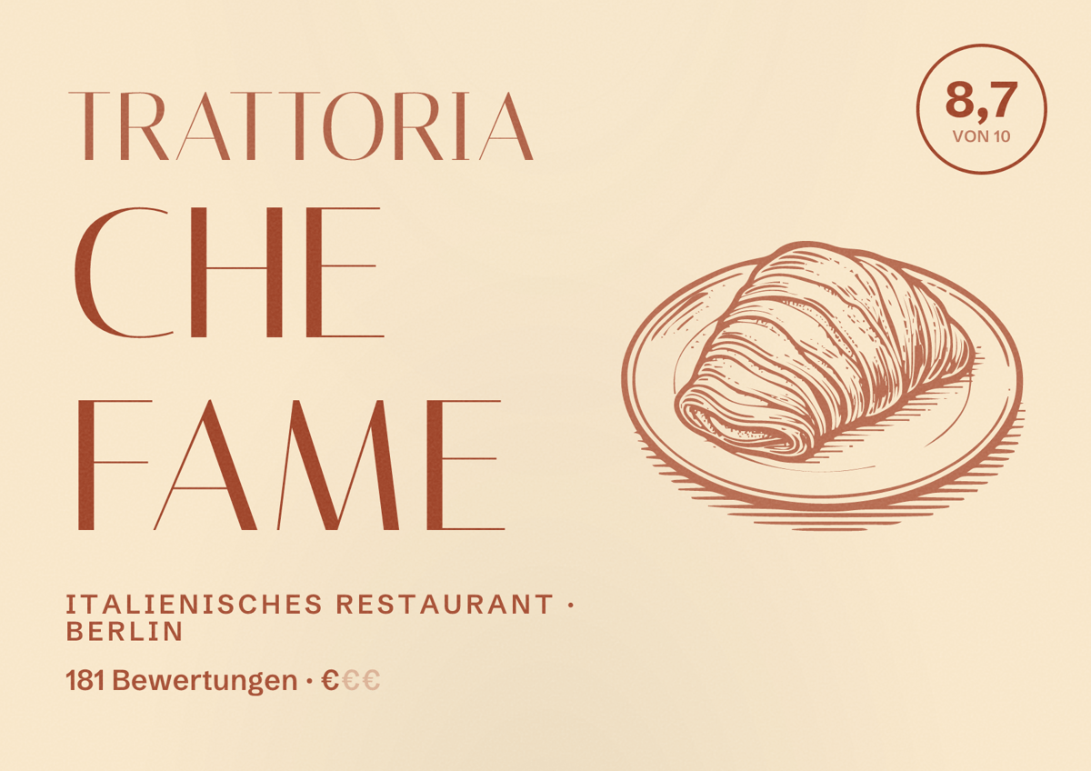 Illustriertes Poster von Trattoria CHE FAME, Italienisches Restaurant in Berlin: Bewertung 8,7 von 10 aus 181 Bewertungen, Preisniveau €