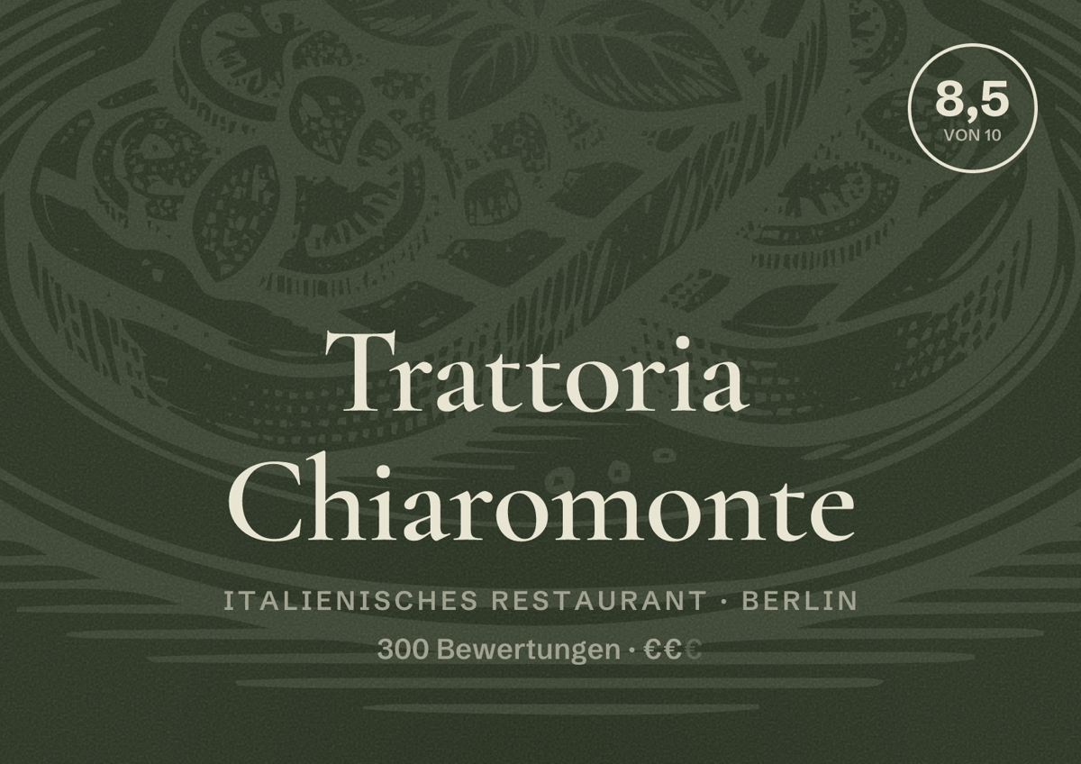 Illustriertes Poster von Trattoria Chiaromonte, Italienisches Restaurant in Berlin: Bewertung 8,5 von 10 aus 300 Bewertungen, Preisniveau €€