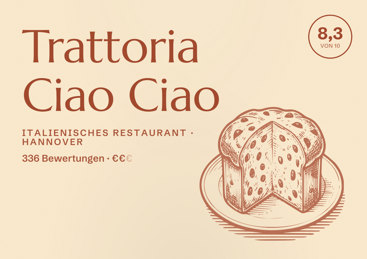 Illustriertes Poster von Trattoria Ciao Ciao, Italienisches Restaurant in Hannover: Bewertung 8,3 von 10 aus 336 Bewertungen, Preisniveau €€