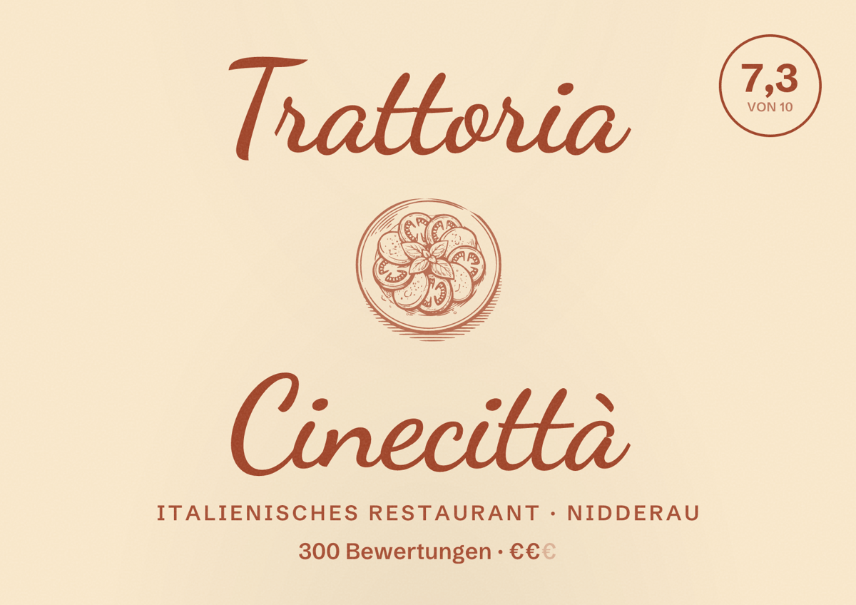 Illustriertes Poster von Trattoria Cinecittà, Italienisches Restaurant in Nidderau: Bewertung 7,3 von 10 aus 300 Bewertungen, Preisniveau €€