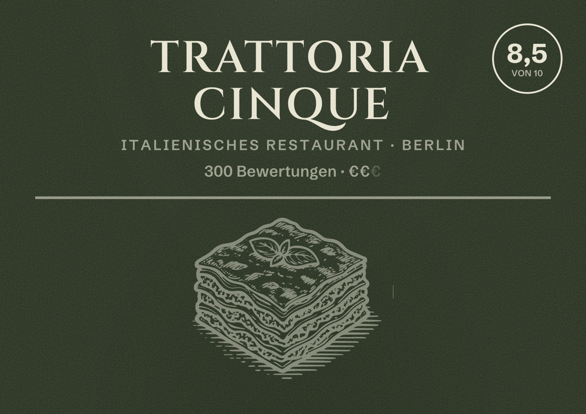 Illustriertes Poster von Trattoria Cinque, Italienisches Restaurant in Berlin: Bewertung 8,5 von 10 aus 300 Bewertungen, Preisniveau €€