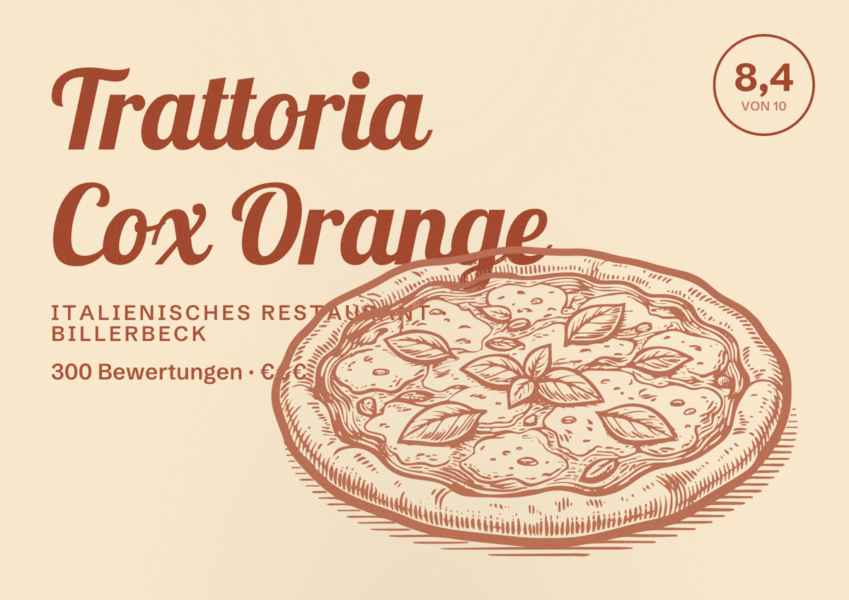 Illustriertes Poster von Trattoria Cox Orange, Italienisches Restaurant in Billerbeck: Bewertung 8,4 von 10 aus 300 Bewertungen, Preisniveau €€€