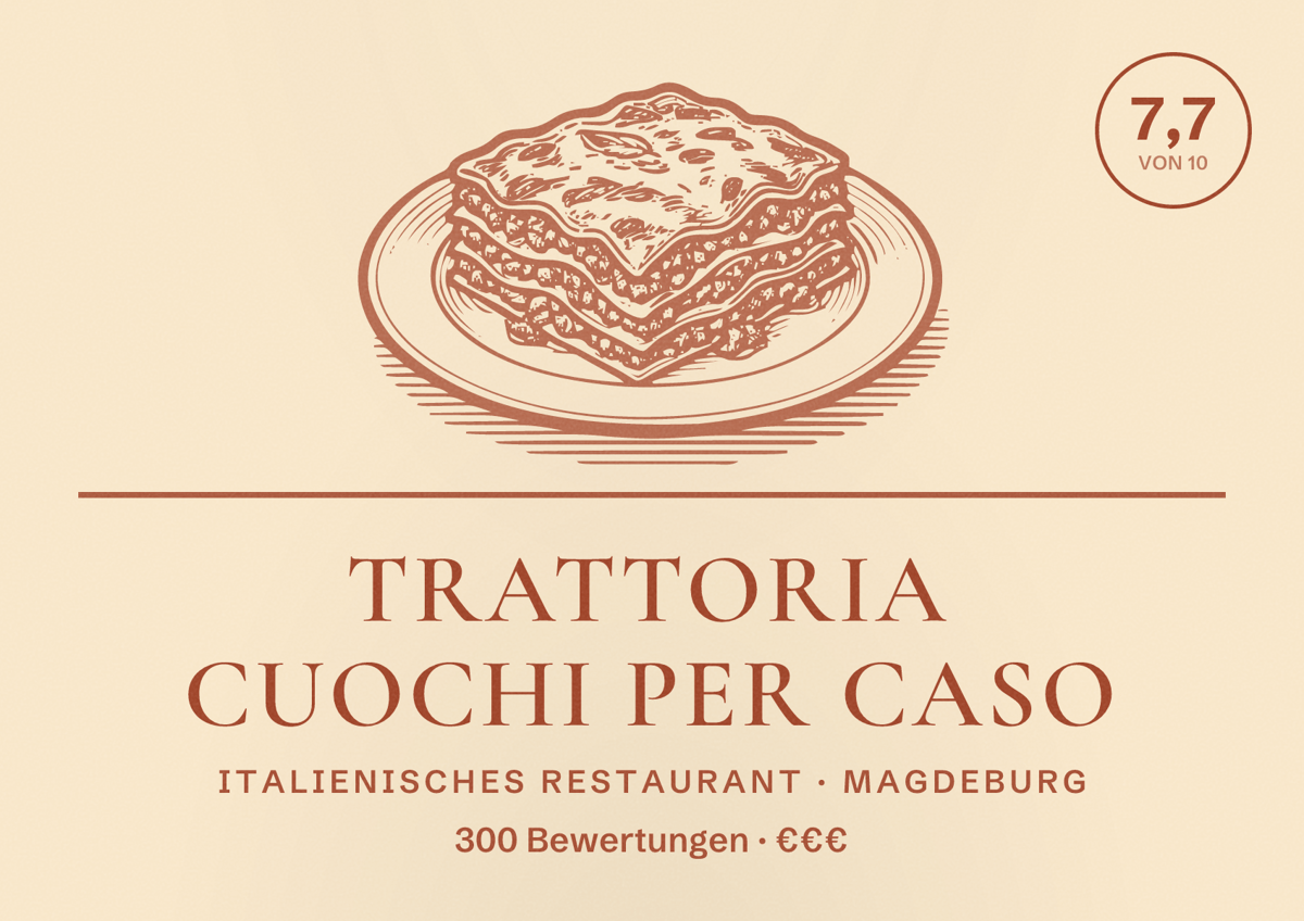 Illustriertes Poster von Trattoria Cuochi Per Caso, Italienisches Restaurant in Magdeburg: Bewertung 7,7 von 10 aus 300 Bewertungen, Preisniveau €€€