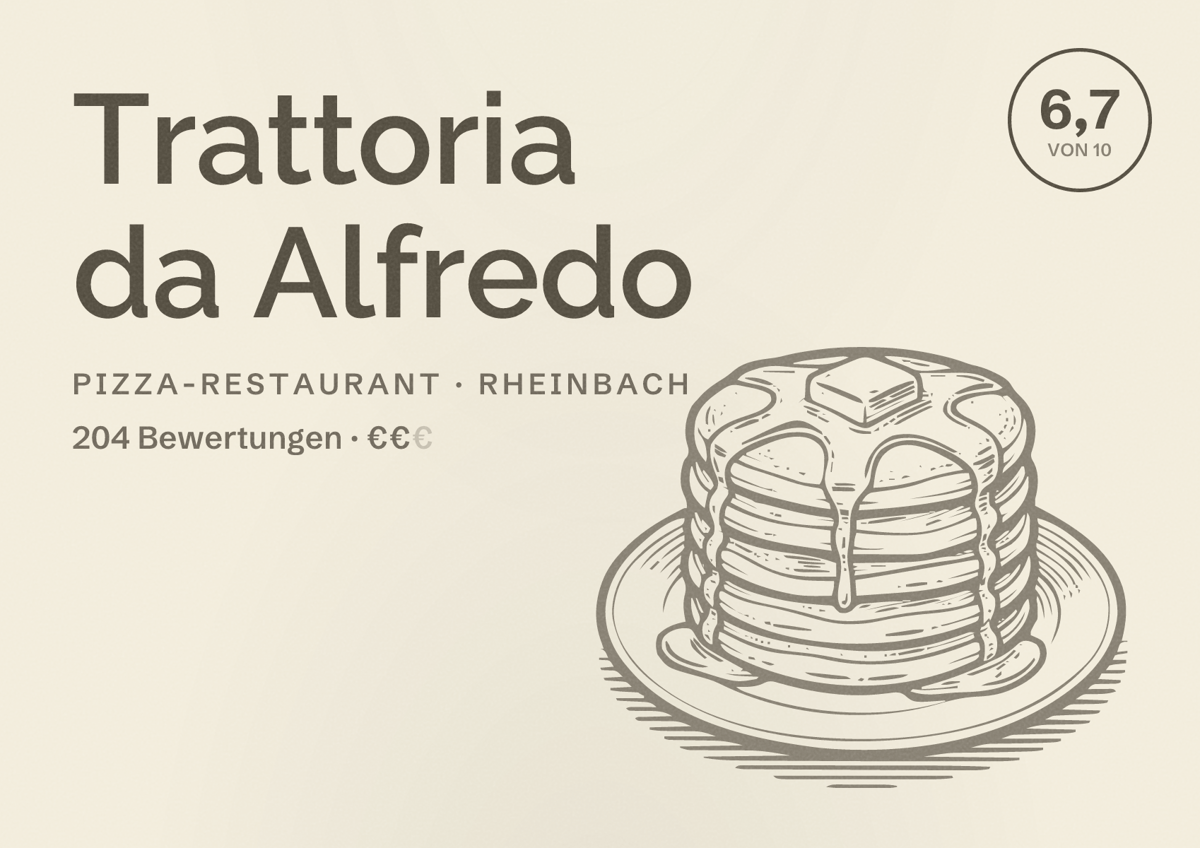Illustriertes Poster von Trattoria da Alfredo, Pizza-Restaurant in Rheinbach: Bewertung 6,7 von 10 aus 204 Bewertungen, Preisniveau €€