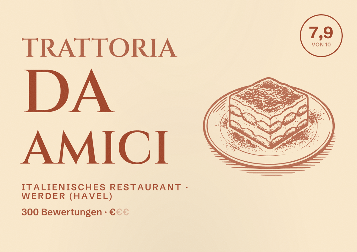 Illustriertes Poster von Trattoria Da Amici, Italienisches Restaurant in Werder (Havel): Bewertung 7,9 von 10 aus 300 Bewertungen, Preisniveau €