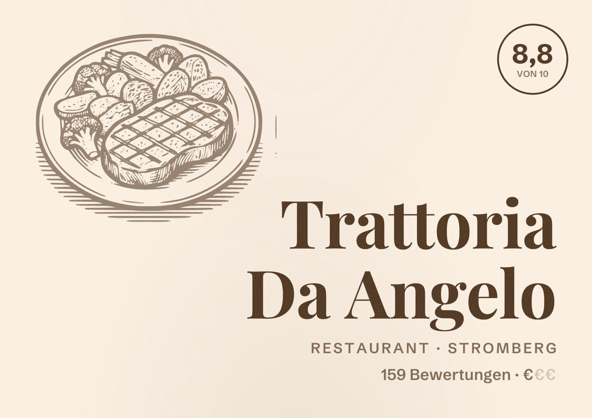 Illustriertes Poster von Trattoria Da Angelo, Restaurant in Stromberg: Bewertung 8,8 von 10 aus 159 Bewertungen, Preisniveau €
