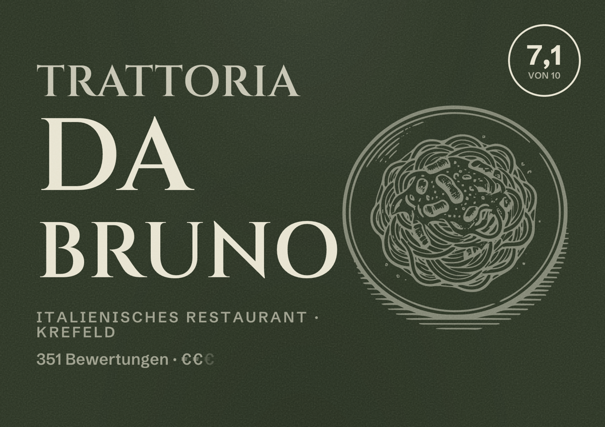 Illustriertes Poster von Trattoria da Bruno, Italienisches Restaurant in Krefeld: Gästebewertung 7,1 von 10 aus 351 Bewertungen
