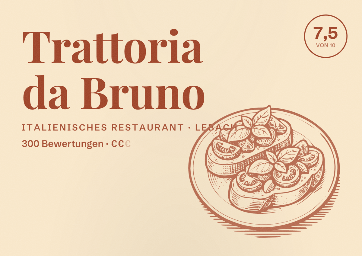 Illustriertes Poster von Trattoria da Bruno, Italienisches Restaurant in Lebach: Bewertung 7,5 von 10 aus 300 Bewertungen, Preisniveau €€