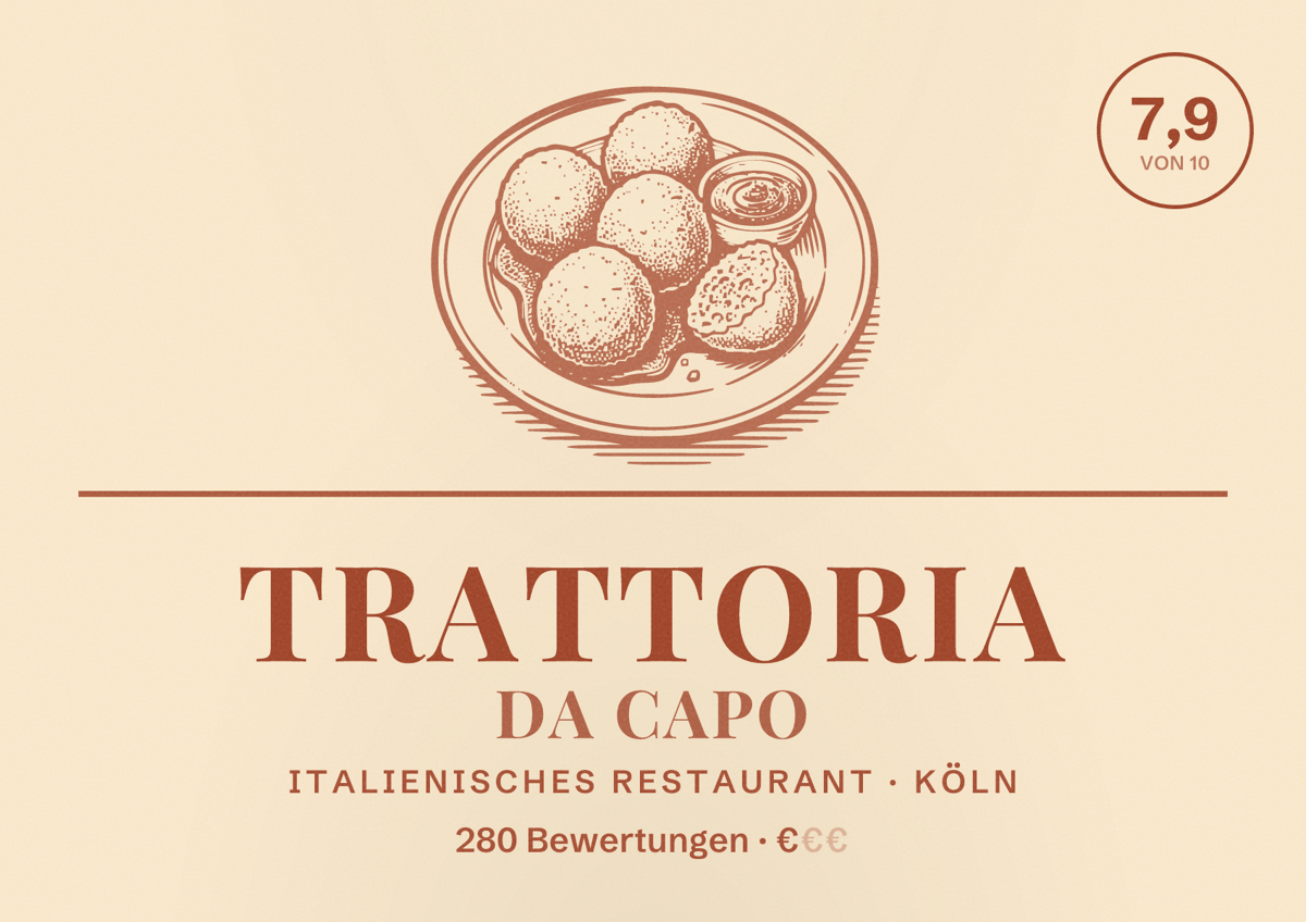 Illustriertes Poster von Trattoria Da Capo, Italienisches Restaurant in Köln: Bewertung 7,9 von 10 aus 280 Bewertungen, Preisniveau €