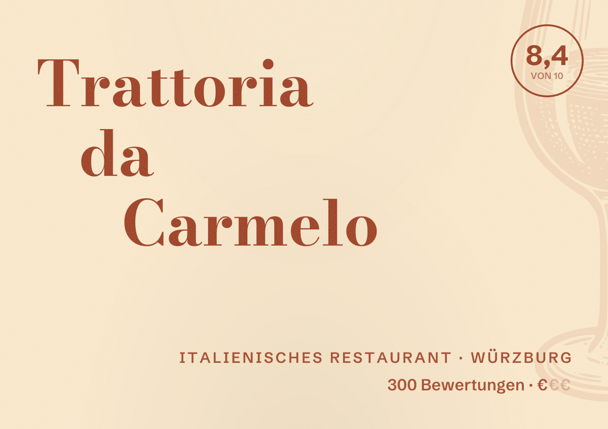 Illustriertes Poster von Trattoria da Carmelo, Italienisches Restaurant in Würzburg: Bewertung 8,4 von 10 aus 300 Bewertungen, Preisniveau €