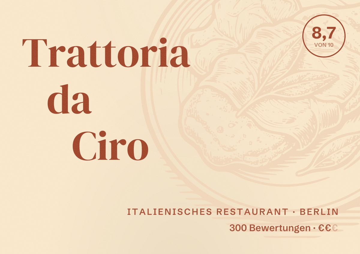 Illustriertes Poster von Trattoria da Ciro, Italienisches Restaurant in Berlin: Bewertung 8,7 von 10 aus 300 Bewertungen, Preisniveau €€