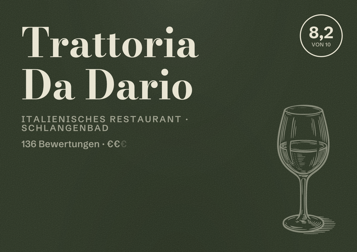 Illustriertes Poster von Trattoria Da Dario, Italienisches Restaurant in Schlangenbad: Bewertung 8,2 von 10 aus 136 Bewertungen, Preisniveau €€