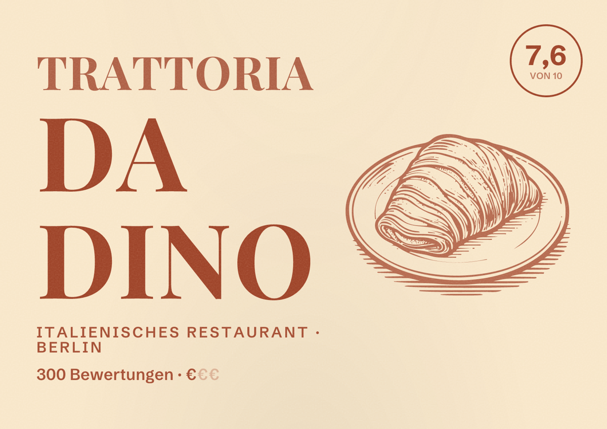 Illustriertes Poster von Trattoria Da Dino, Italienisches Restaurant in Berlin: Bewertung 7,6 von 10 aus 300 Bewertungen, Preisniveau €