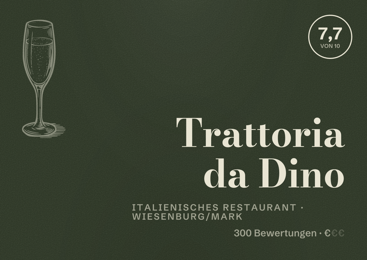 Illustriertes Poster von Trattoria da Dino, Italienisches Restaurant in Wiesenburg/Mark: Bewertung 7,7 von 10 aus 300 Bewertungen, Preisniveau €