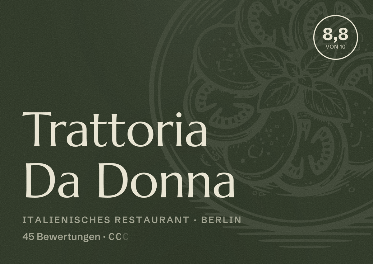 Illustriertes Poster von Trattoria Da Donna, Italienisches Restaurant in Berlin: Bewertung 8,8 von 10 aus 45 Bewertungen, Preisniveau €€