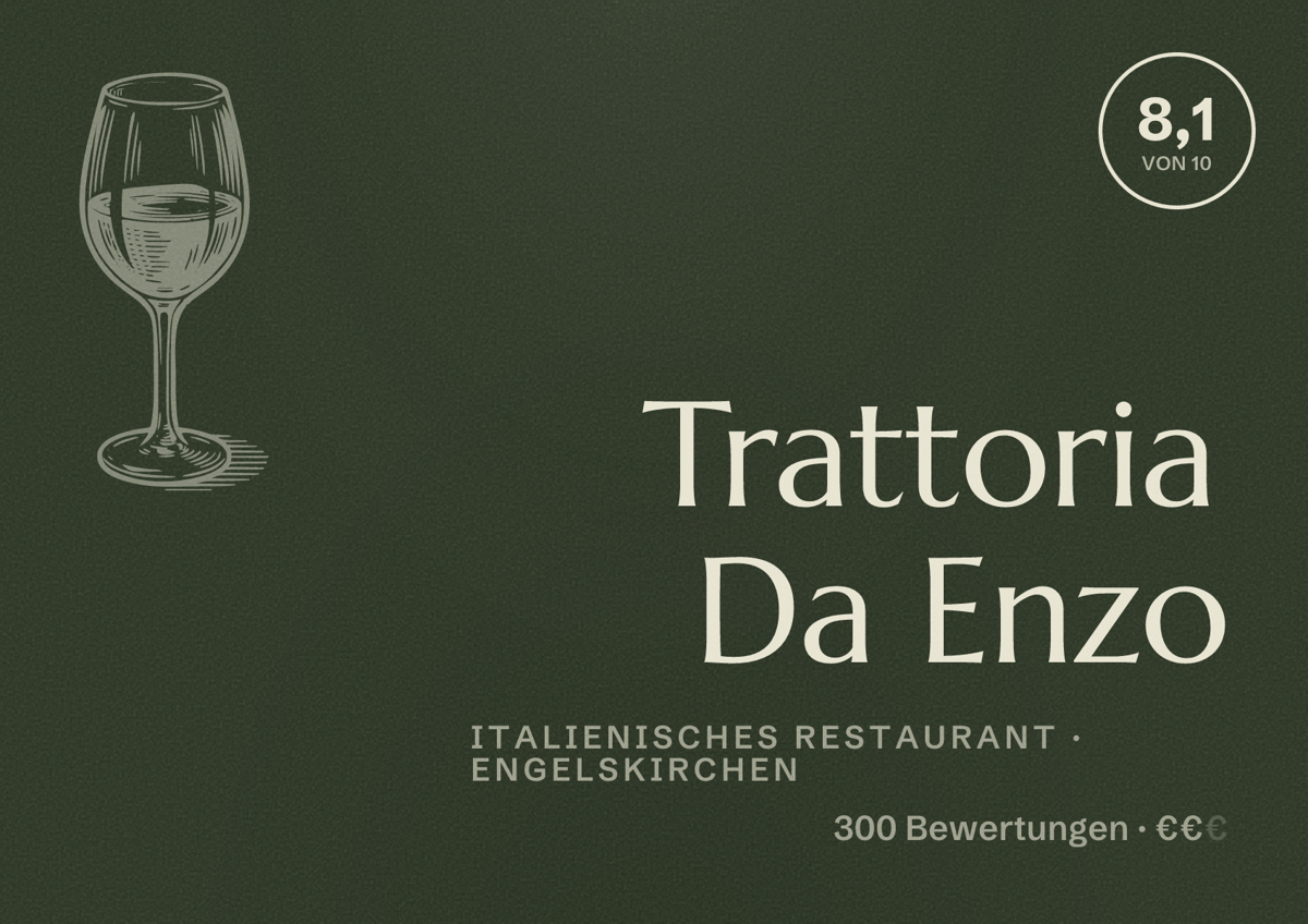 Illustriertes Poster von Trattoria Da Enzo, Italienisches Restaurant in Engelskirchen: Bewertung 8,1 von 10 aus 300 Bewertungen, Preisniveau €€