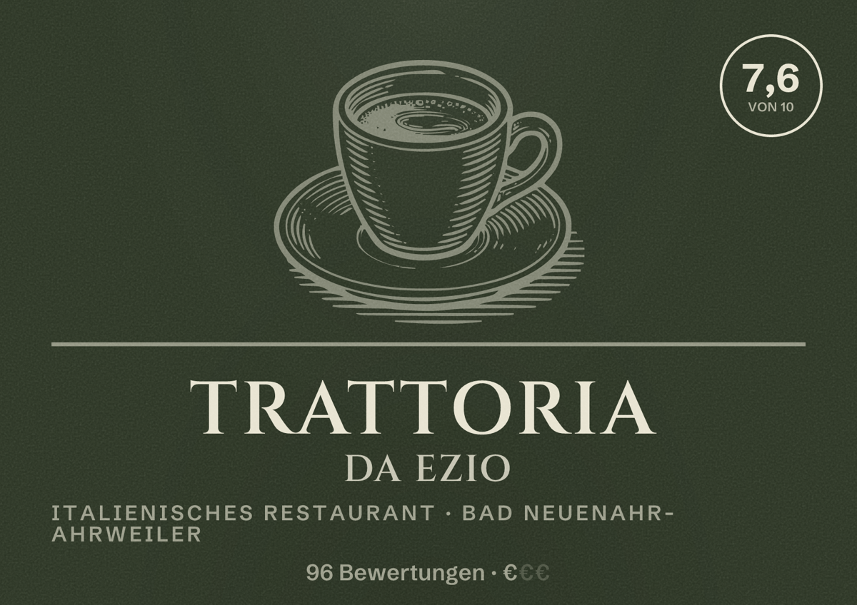 Illustriertes Poster von TRATTORIA DA EZIO, Italienisches Restaurant in Bad Neuenahr-Ahrweiler: Bewertung 7,6 von 10 aus 96 Bewertungen, Preisniveau €