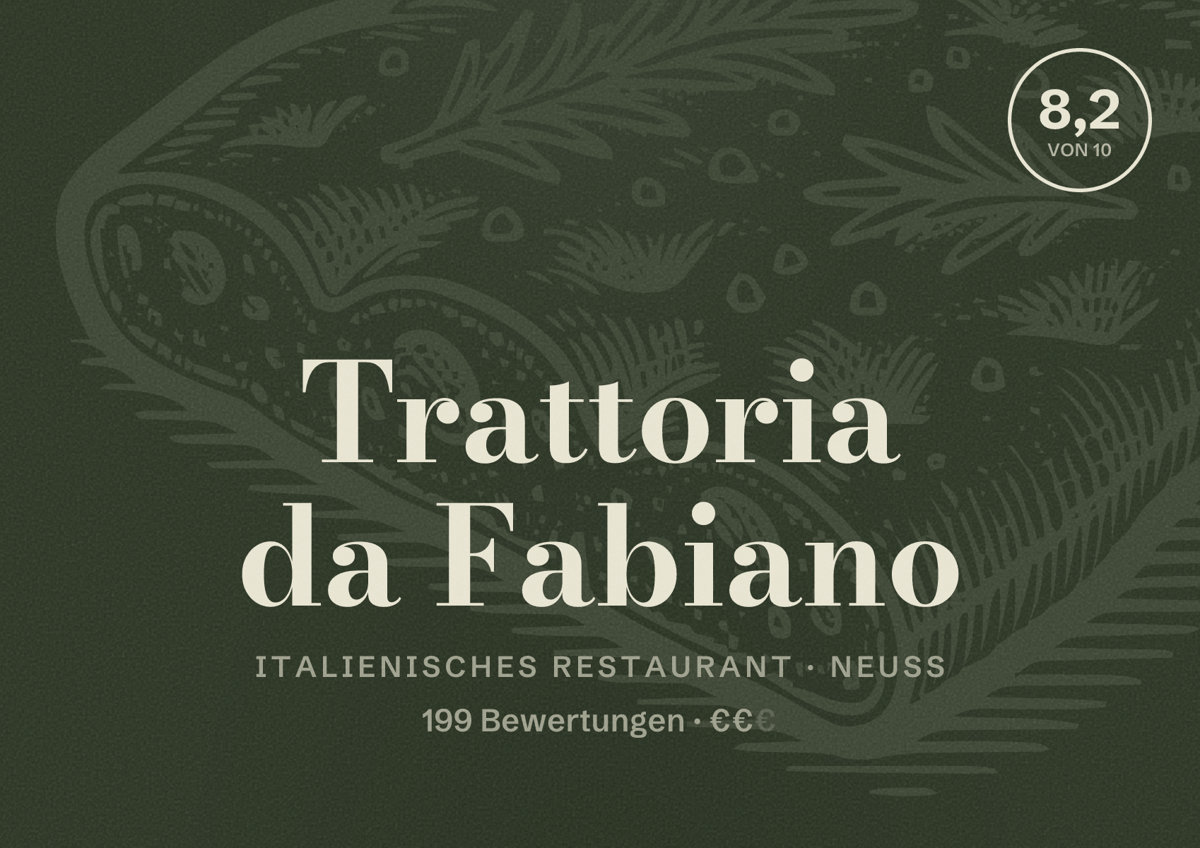 Illustriertes Poster von Trattoria da Fabiano, Italienisches Restaurant in Neuss: Bewertung 8,2 von 10 aus 199 Bewertungen, Preisniveau €€