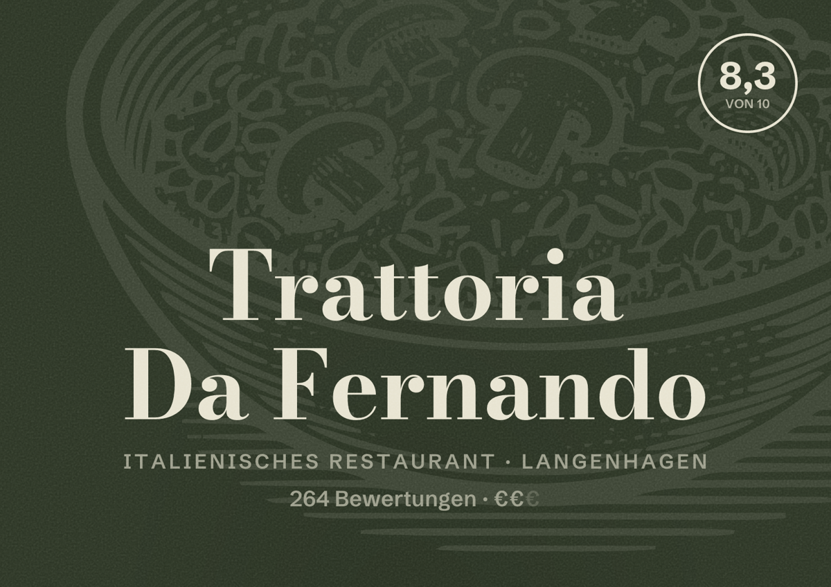 Illustriertes Poster von Trattoria Da Fernando, Italienisches Restaurant in Langenhagen: Bewertung 8,3 von 10 aus 264 Bewertungen, Preisniveau €€