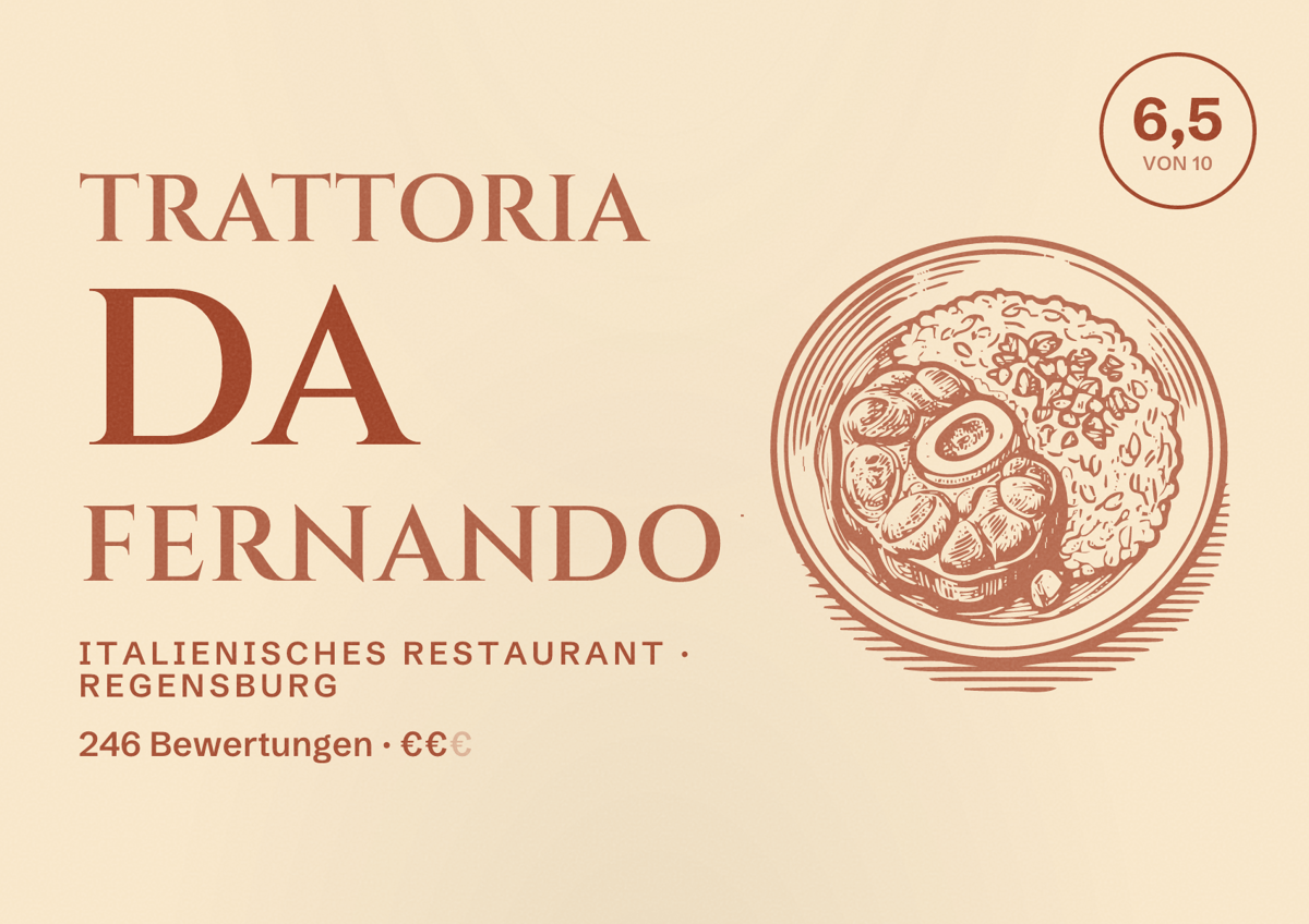 Illustriertes Poster von Trattoria da Fernando, Italienisches Restaurant in Regensburg: Gästebewertung 6,5 von 10 aus 246 Bewertungen