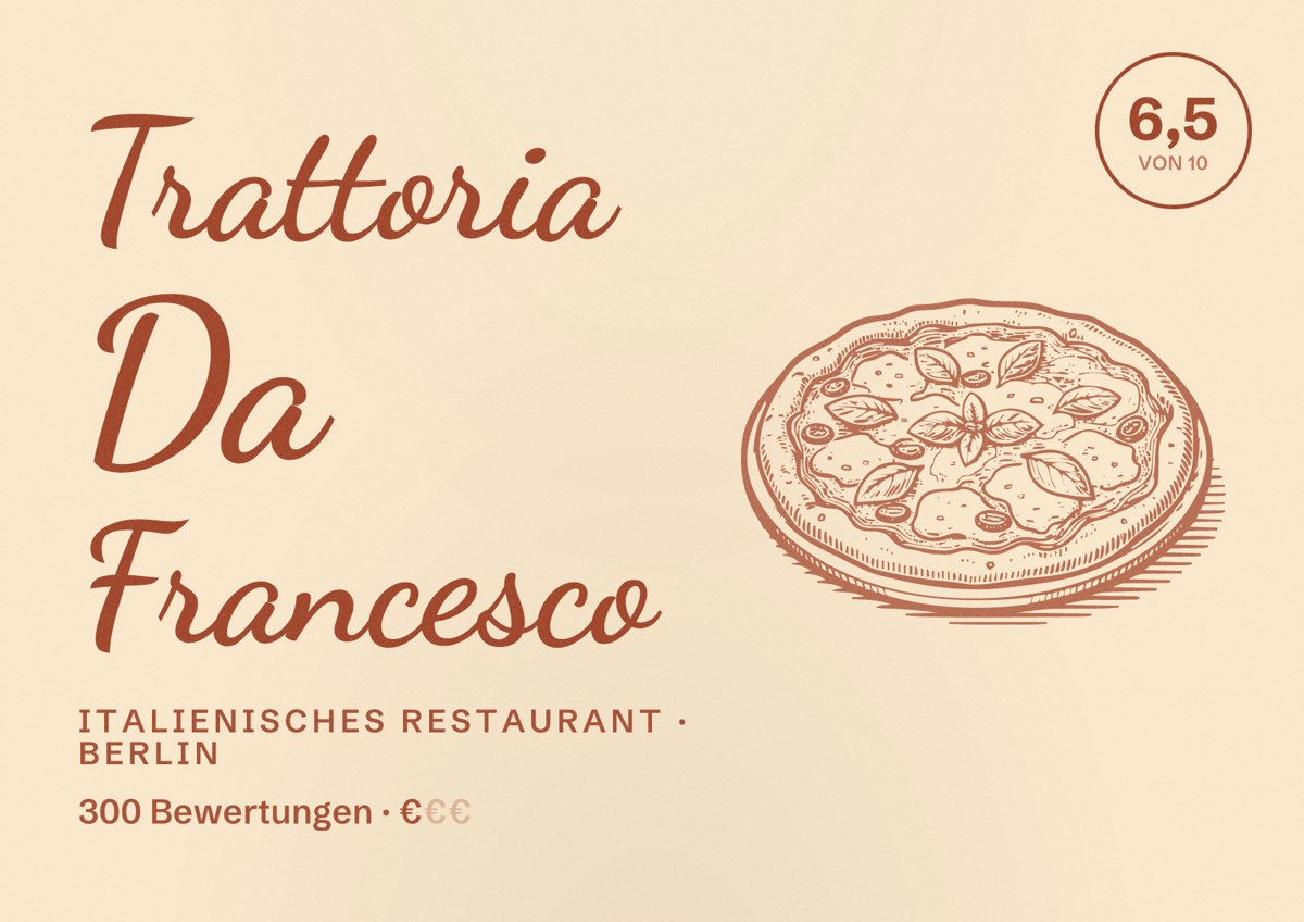 Illustriertes Poster von Trattoria Da Francesco, Italienisches Restaurant in Berlin: Bewertung 6,5 von 10 aus 300 Bewertungen, Preisniveau €