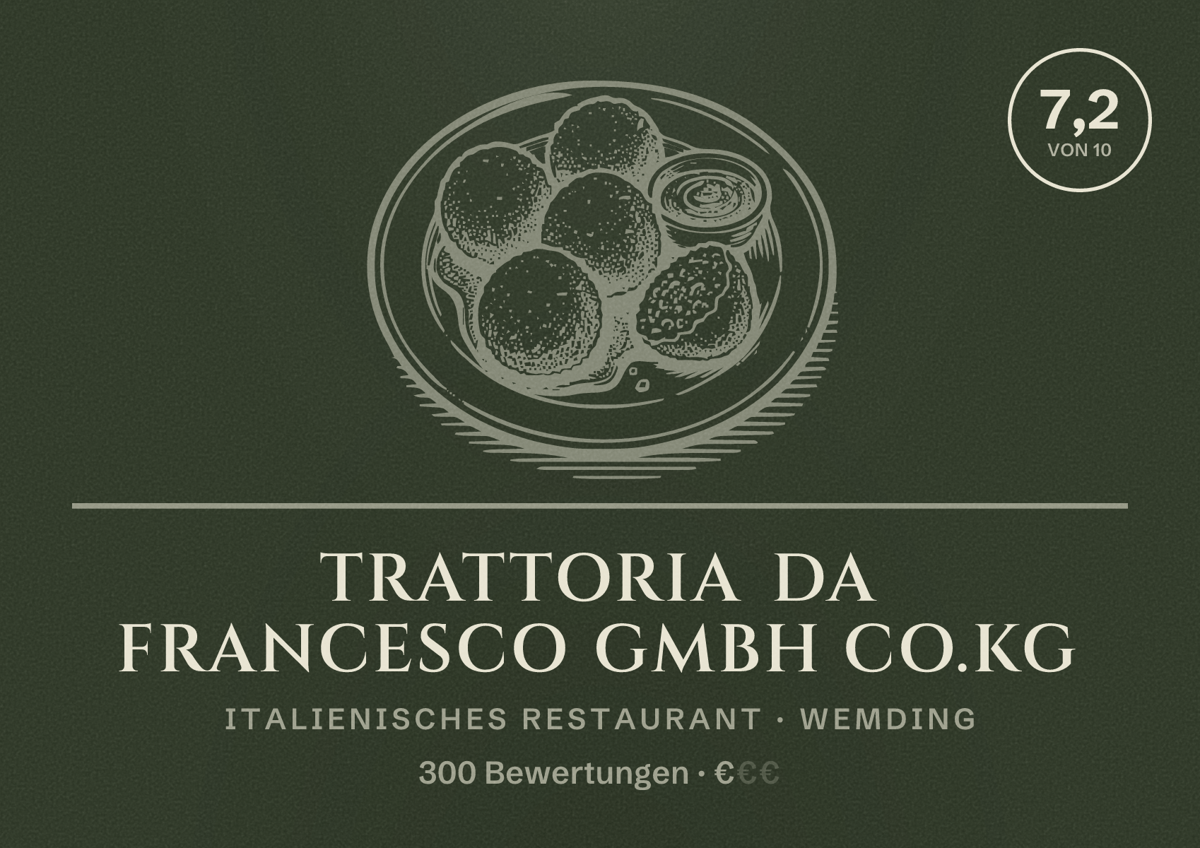 Illustriertes Poster von Trattoria Da francesco GmbH co.KG, Italienisches Restaurant in Wemding: Bewertung 7,2 von 10 aus 300 Bewertungen, Preisniveau €