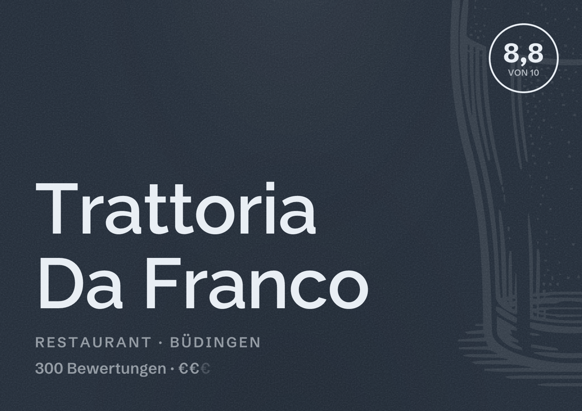 Illustriertes Poster von Trattoria Da Franco, Restaurant in Büdingen: Bewertung 8,8 von 10 aus 300 Bewertungen, Preisniveau €€