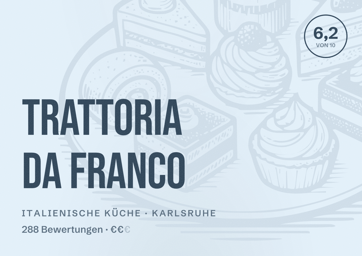Illustriertes Poster von Trattoria Da Franco, Italienische Küche in Karlsruhe: Bewertung 6,2 von 10 aus 288 Bewertungen, Preisniveau €€