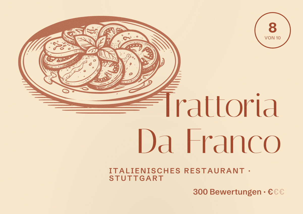 Illustriertes Poster von Trattoria Da Franco, Italienisches Restaurant in Stuttgart: Bewertung 8,0 von 10 aus 300 Bewertungen, Preisniveau €